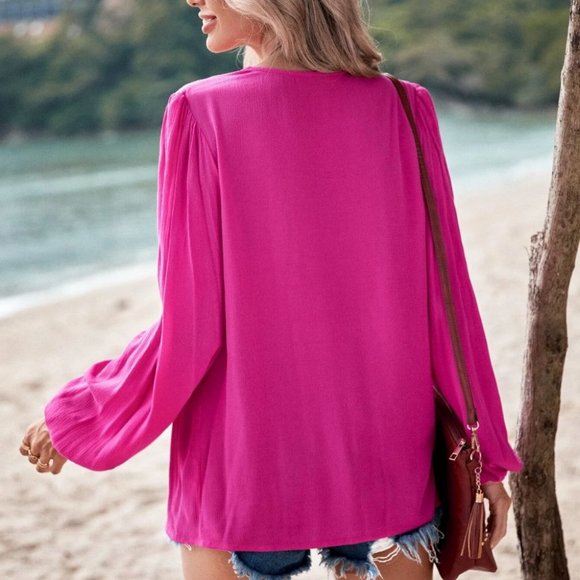 Pink boho  Womens Tie Neck  Blouse - Picture 4 of 5